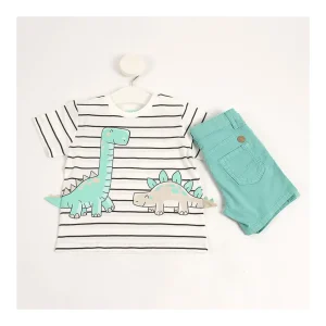 Outlet Conjunto Camiseta y Bermuda rayas dinosaurios Conjuntos